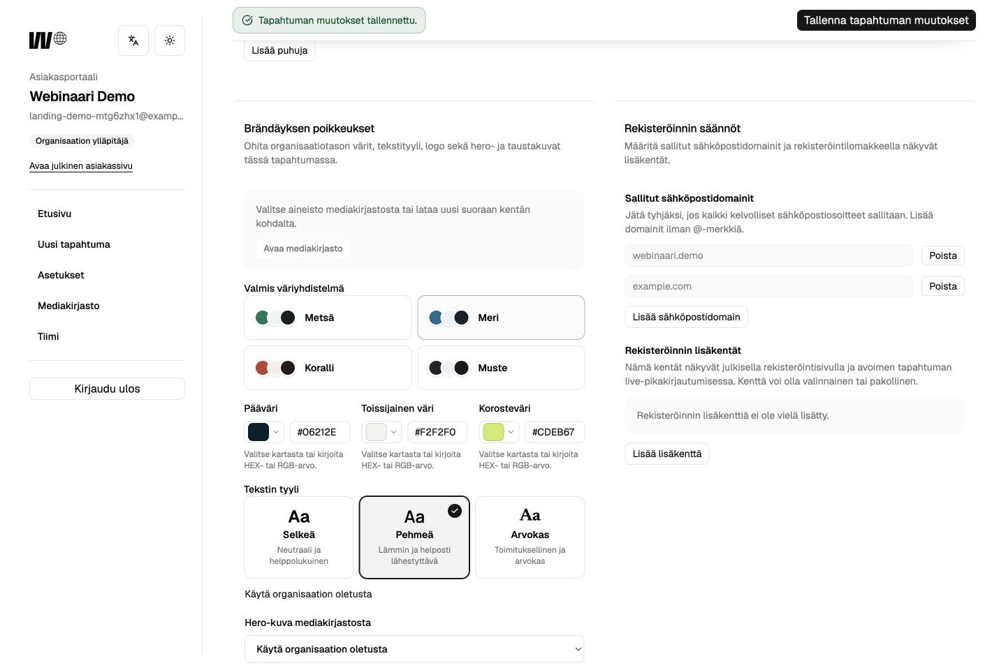 Registration and access settings in the Webinaari customer portal