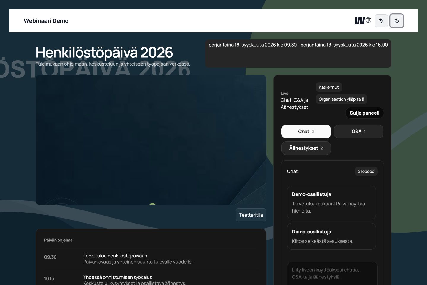 Webinaari attendee live view with the player and Chat tab open