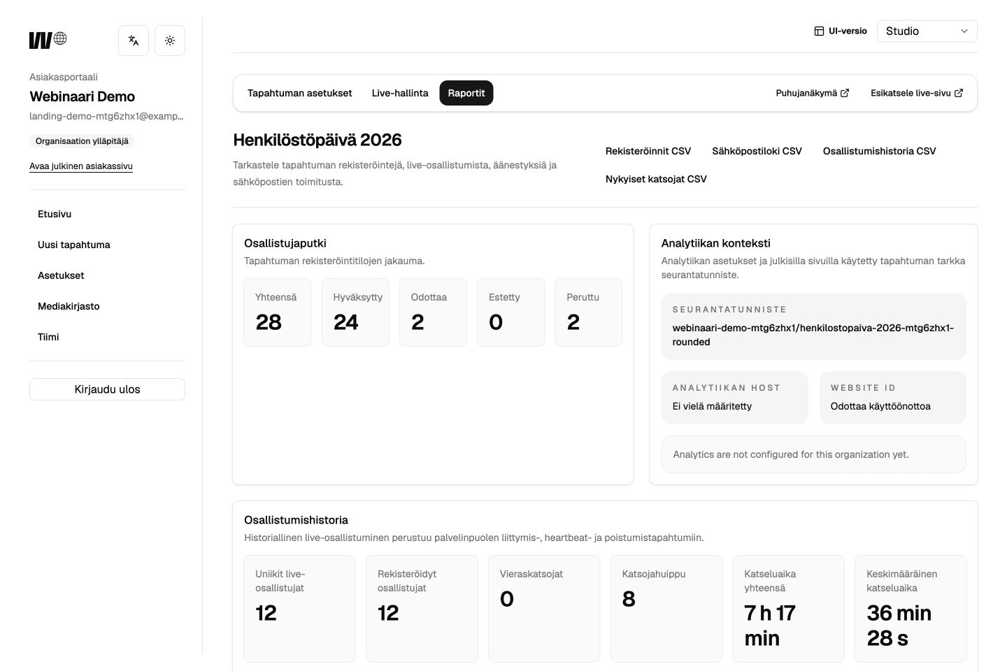 Webinaari reporting view with demo data and export actions